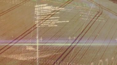 Animation of stock market data processing over aerial view of farm fields. Global economy and agriculture concept