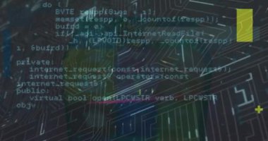 Animation of financial data processing over microprocessor connections against blue background. Global finance and computer interface technology concept