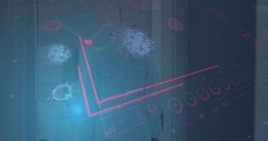 Animation of covid-19 data processing over caucasian woman in bathrobe looking in the mirror. Covid-19 pandemic concept