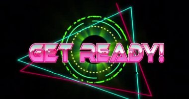 Animation of get ready over neon shapes on black background. Global social media and digital interface concept digitally generated video.
