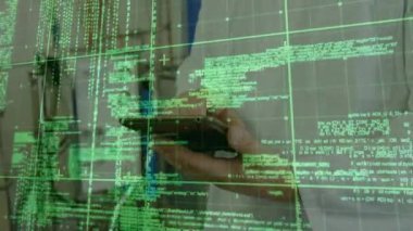 Animation of data processing over caucasian senior male doctor using digital tablet at hospital. Medical healthcare and technology concept