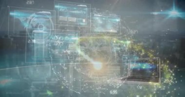 Animation of data processing and light spots over globe and scope scanning on black background. Global technology, online security and digital interface concept digitally generated video.