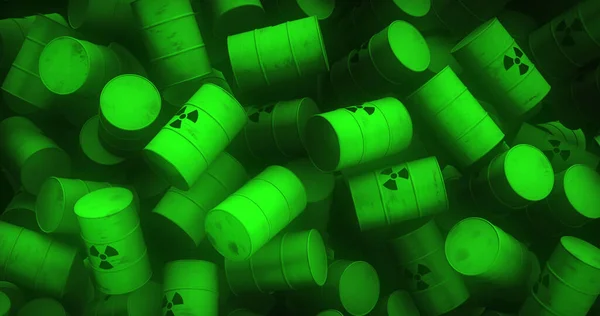 Image Multiple Green Barrels Black Nuclear Symbols Nuclear Power Energy — Stok Foto