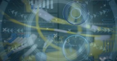 Animation of data with hud processing on digital interface against server with wires connected. Digital composite, technology, communication, multiple exposure, progress, connection.