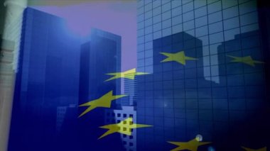 Composite video of european union flag waving against tall buildings. European union and business concept