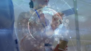 Animation of globe over diverse business people in office. Global business and digital interface concept digitally generated video.