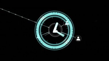 Animation of neon ticking clock over network of profile icons against black background. Global networking and business technology concept