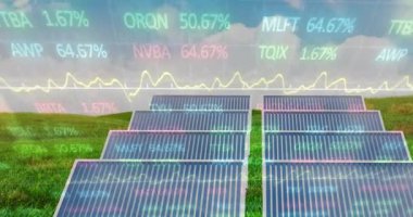 Animation of stock market data processing over solar panels on grass against blue sky. Solar energy and technology concept