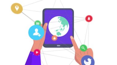 Animation of media icons over hands using tablet with globe. Social media, travel and digital interface concept digitally generated video.