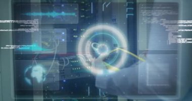 Animation of interface with data processing over mid section of male engineer working at server room. Computer interface and business data storage technology concept