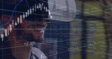 Animation of financial and stock market data processing over biracial man wearing vr headset. Global economy and business technology concept