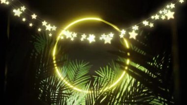 Animation of star string lights and yellow neon ring, with palm leaves on black background. Celebration, party, nightlife and festivity, retro future concept digitally generated video.