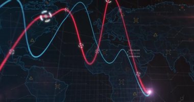 Dünya haritası üzerinde veri işleme animasyonu. küresel iş ve dijital arayüz kavramı dijital olarak oluşturulmuş video.