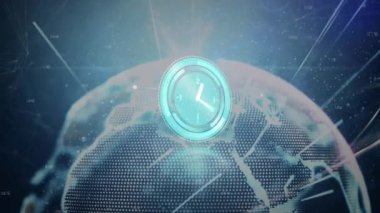 Animation of clock moving over network of connections. Global business and digital interface concept digitally generated video.