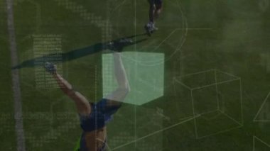 Animasyon, egzersiz yapan çeşitli erkek futbol oyuncuları üzerinde veri işleme. Küresel spor ve dijital arayüz kavramı dijital olarak oluşturulmuş video.