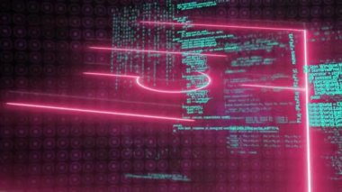 Animation of data processing over neon sport field plans on black background. Global sport, computing and digital interface concept digitally generated video.