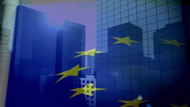 Composite Video European Union Flag Waving Tall Buildings European Union — Vídeo de Stock