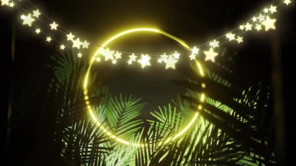 Animation Star String Lights Yellow Neon Ring Palm Leaves Black — Vídeo de Stock