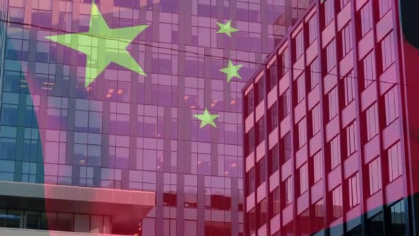 Composite Video China Flag Waving Tall Buildings Global Relations Business — Stok video