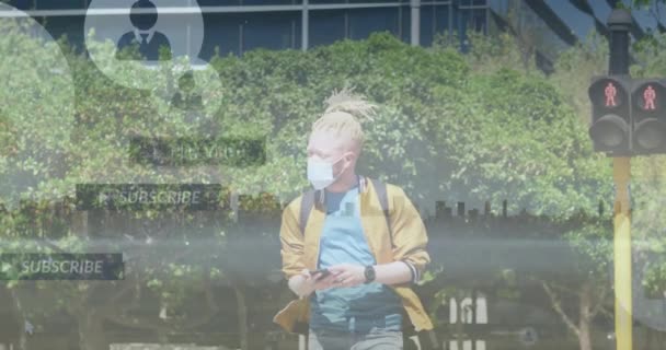 Animation Social Media Notifications Albino Man Using Phone Street Dreadlocks — Stock video