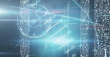 Image of dna structure spinning over screens of microprocessor connections on blue background. Medical research and science technology concept