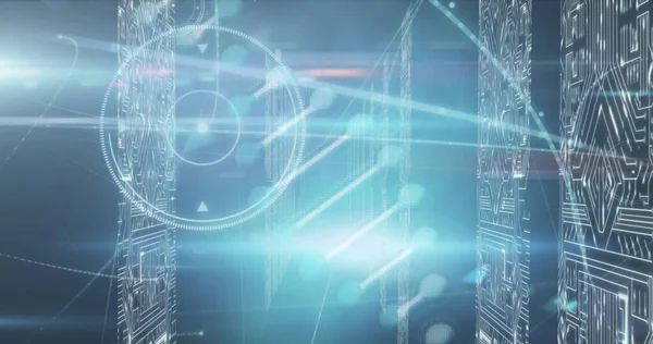 Image of dna structure spinning over screens of microprocessor connections on blue background. Medical research and science technology concept