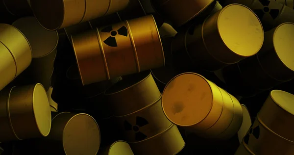 Image Multiple Yellow Barrels Black Nuclear Symbols Nuclear Power Energy — Stock fotografie