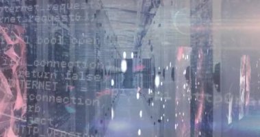 Animation of data processing over connections, lights and servers. Network, connections, communication and technology concept digitally generated video.