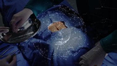 Animation of globe of network of connections over team of surgeons performing operation at hospital. Medical healthcare and technology concept