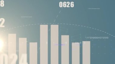 Animation of multiple changing numbers over statistical data processing against blue background. Computer interface and business technology concept