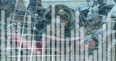 Animation of statistical data processing over crane operating at junkyard. Recycling and business data technology concept