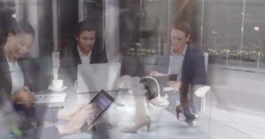 Animation of financial data processing over diverse business people. Global business digital interface technology and networking concept digitally generated video.