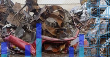 Animation of statistical data processing over crane operating at junkyard. Global economy and recycling technology concept