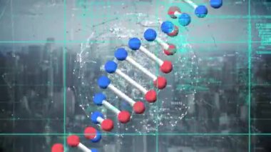 Şehir manzarası ve veri işleme üzerindeki DNA iplikçiklerinin animasyonu. küresel iş ve dijital arayüz kavramı dijital olarak oluşturulmuş video.