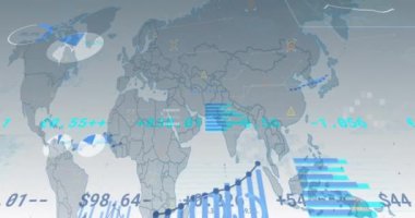 Animation of financial data processing with world map on grey background. Global business, finances and digital interface concept digitally generated video.