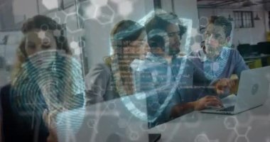 Animation of security padlock and fingerprint scanner over diverse colleagues discussing at office. Cyber security and business technology concept