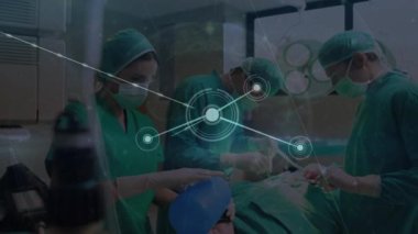 Animation of network of connections over team of diverse surgeons during operation. Health, medicine, connections, network and technology concept digitally generated video.