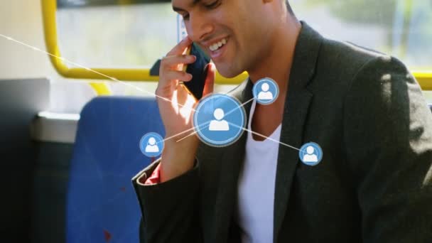 Animation Profile Icons Connecting Lines Young Asian Man Talking Cellphone — Wideo stockowe