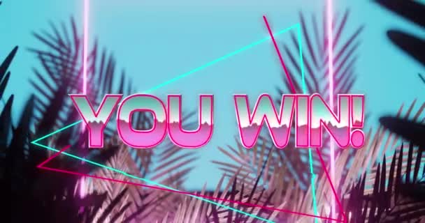 Animation You Win Text Shiny Pink Blue Pink Neon Shapes — Wideo stockowe