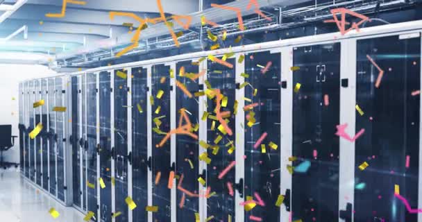 Анімація Мережі Єднань Золота Конфетті Падають Проти Комп Ютерного Сервера — стокове відео