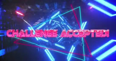 Animation of challenge accepted over neon tunnel on black background. Global social media and digital interface concept digitally generated video.