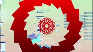 Animation of red rectangles forming circle against data, graphs, charts on digital interface. Digital composite, artificial intelligence, communication, cloud computing, development, technology.