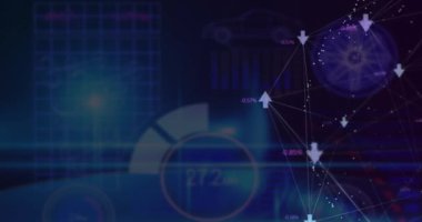 Animation of globe of arrow icons with increasing numbers over interface with data processing. Computer interface and business technology concept