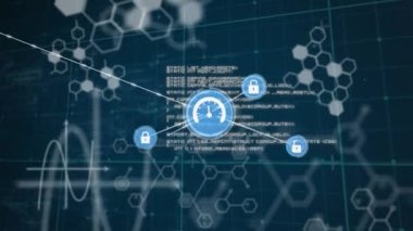 Animation of digital icons and medical data processing against blue background. Medical research and business data storage technology concept