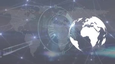 Animation of round scanner and network of connections over world map and spinning globe. Global networking and business technology concept