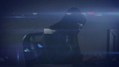 Animation of data processing, lights and connections over caucasian male hacker. Global data safety, digital security, network and technology concept digitally generated video.