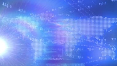 Animation of graphical interface over digital map and stock market ticker and bright light. Blue, hologram, digitally generated, multiple exposure, investment, finance, data, futuristic.