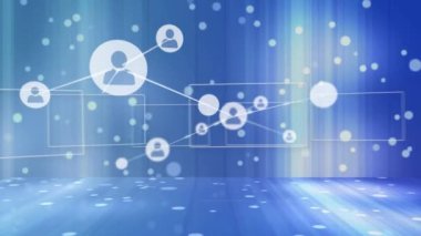 Animation of profile icons connecting dots with rectangles on blue digital interface with bokeh. Digital composite, connection, connect the dots, networking, technology, communication, creativity.