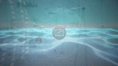 Animation of icons connecting dots over wireframe landscape, data processing on digital interface. Digital composite, artificial intelligence, cloud computing, technology.