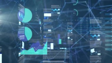 Animation of statistical data processing over network of connections against blue background. Computer interface and business networking technology concept